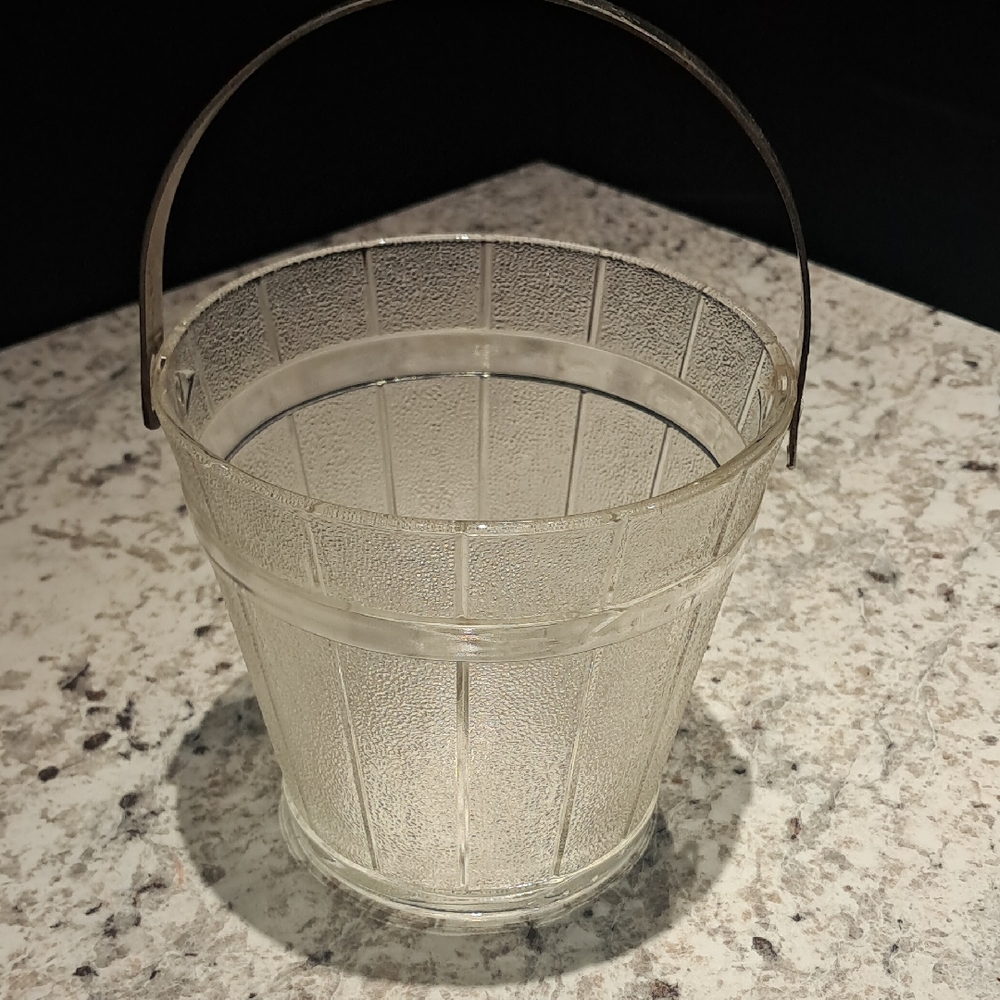 Vintage Anchor Hocking Ice Bucket 1940's Pressed Glass W/ Removable Metal Handle